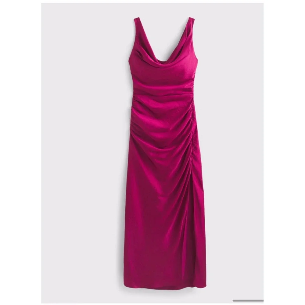 Abercrombie & fitch Satin Cowl Neck Ruched Maxi Dress Magenta Pink Formal XL new